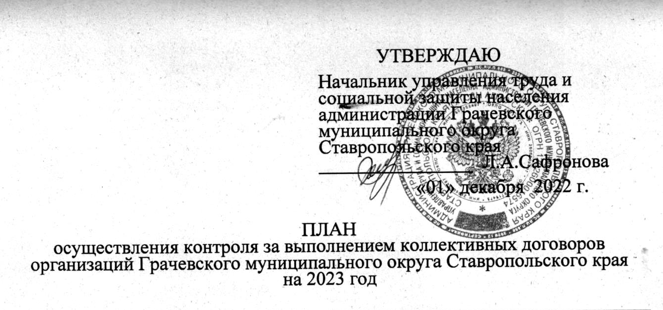 План осуществления контроля за выполнением коллективных договоров  организаций Грачевского муниципального округа Ставропольского края на 2023  — УТСЗН АГМО СК